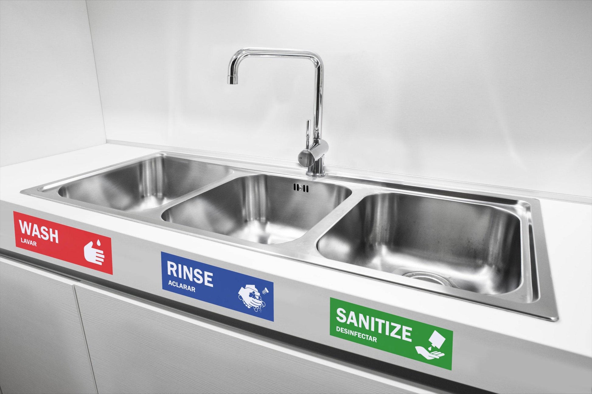 Wash, rinse, sanitize sink labels designed for 3-compartment sinks in commercial kitchens, perfect for maintaining cleanliness and following food safety protocols.