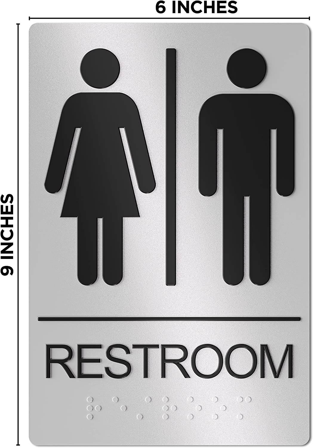 ADA-compliant unisex bathroom signage with raised letters and symbols in black on silver. Includes adhesive stickers for easy application and suitable for any business restroom