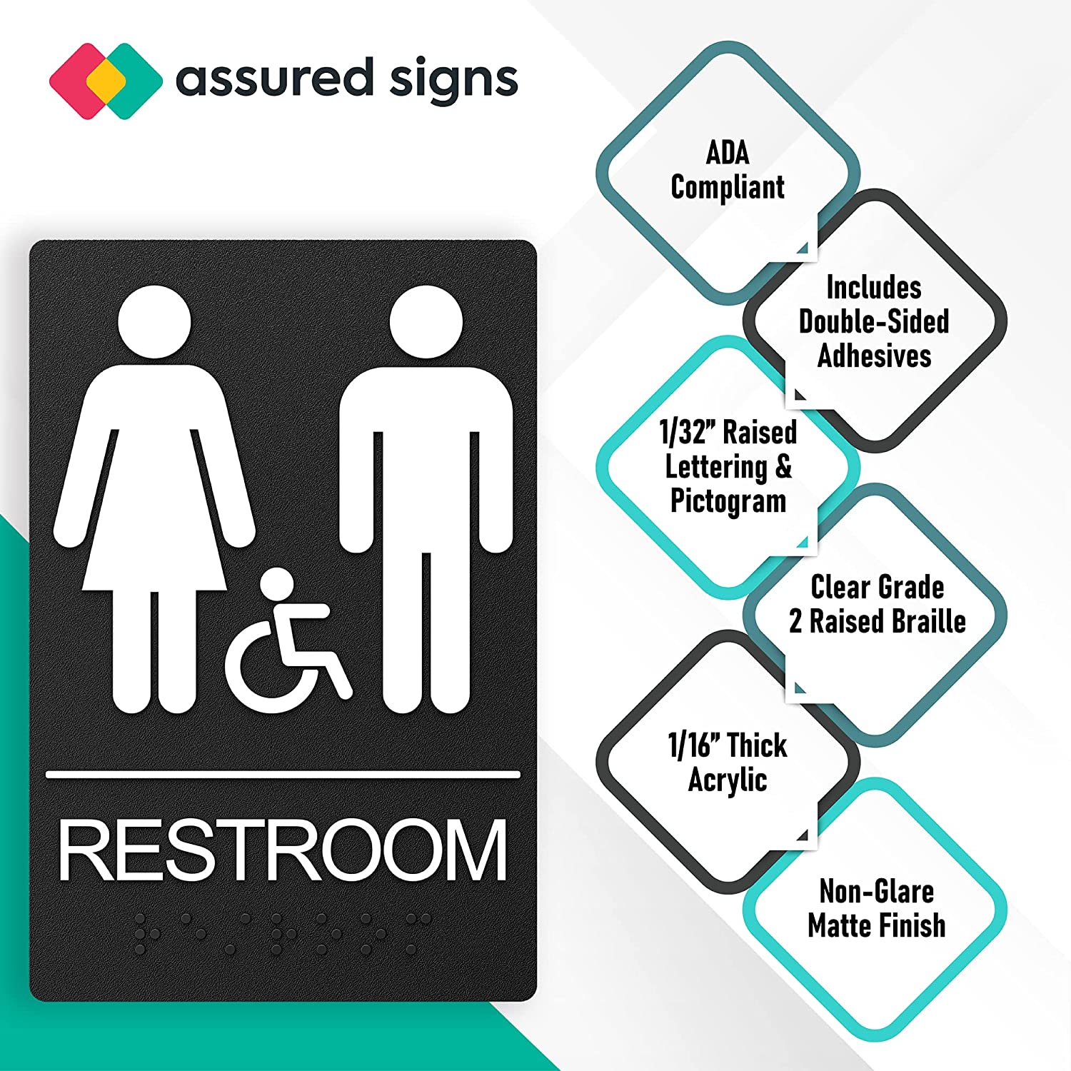 ADA-compliant black restroom signs for men, women, and handicap, featuring raised lettering and Braille