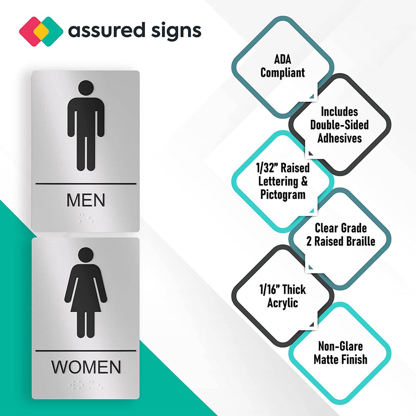 ADA-compliant silver restroom signs for men and women, featuring raised lettering and Braille.