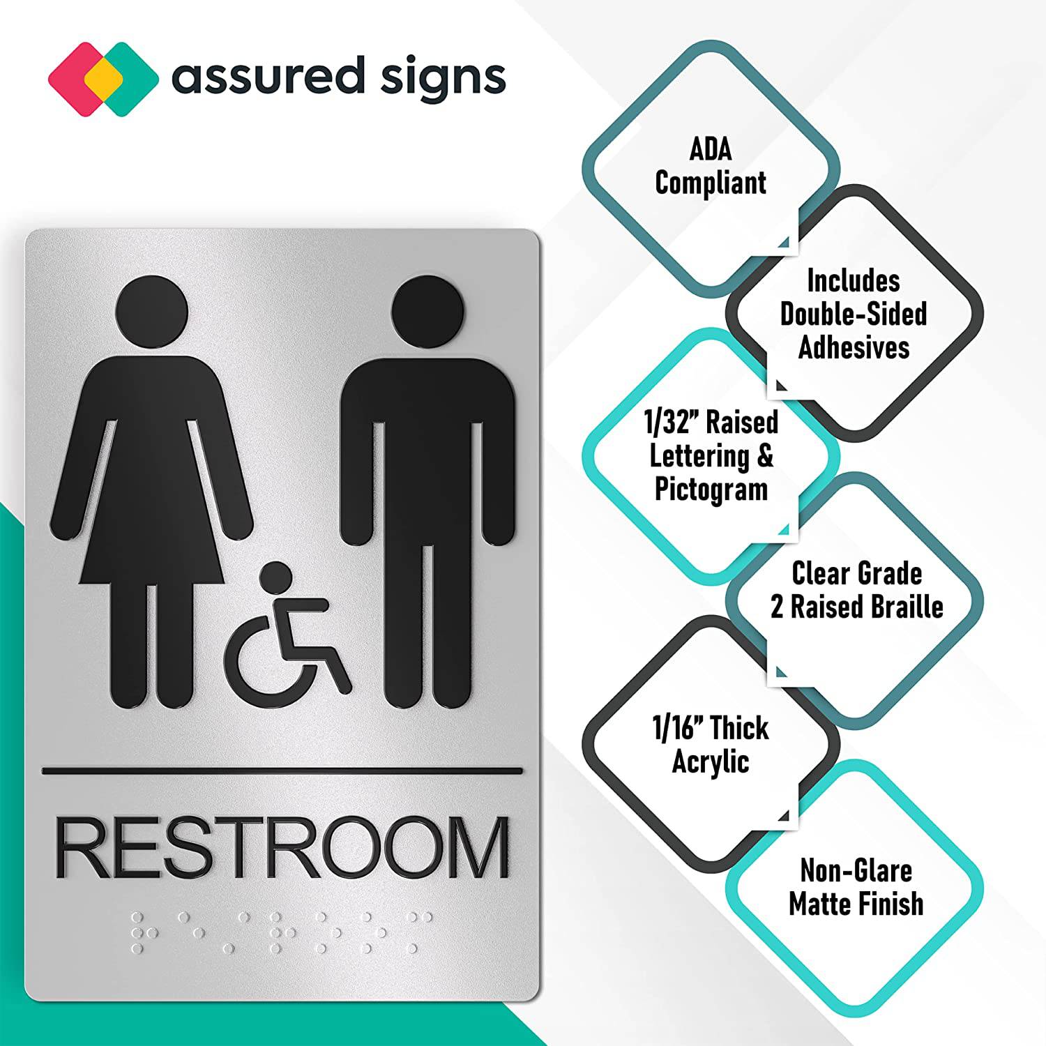 ADA-compliant silver restroom sign for unisex and handicapped individuals, featuring raised lettering and Braill