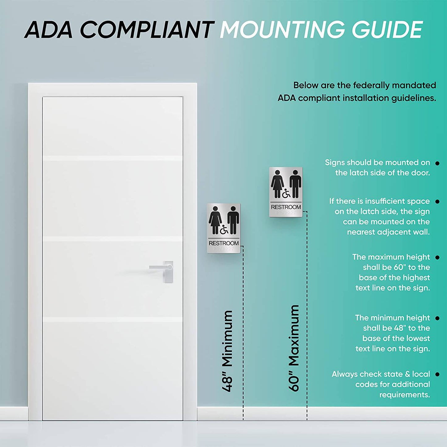 ADA compliant mounting guide for silver restroom signs for unisex and handicapped individuals