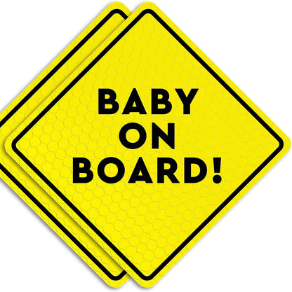 A 2-pack of Baby On Board magnet signs, featuring a bright yellow diamond shape with the text "BABY ON BOARD!" in bold black letters