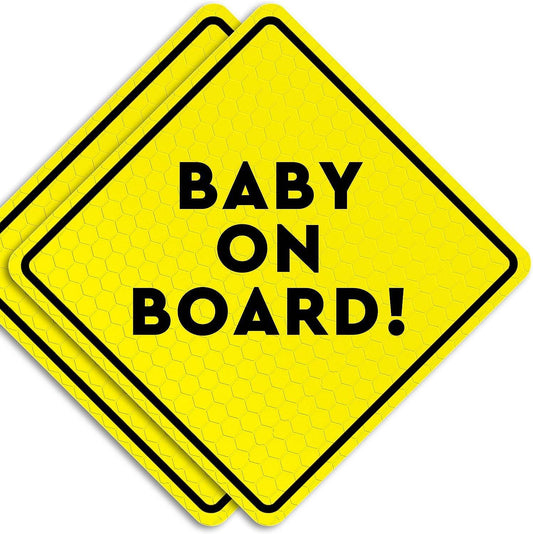 A 2-pack of Baby On Board magnet signs, featuring a bright yellow diamond shape with the text "BABY ON BOARD!" in bold black letters