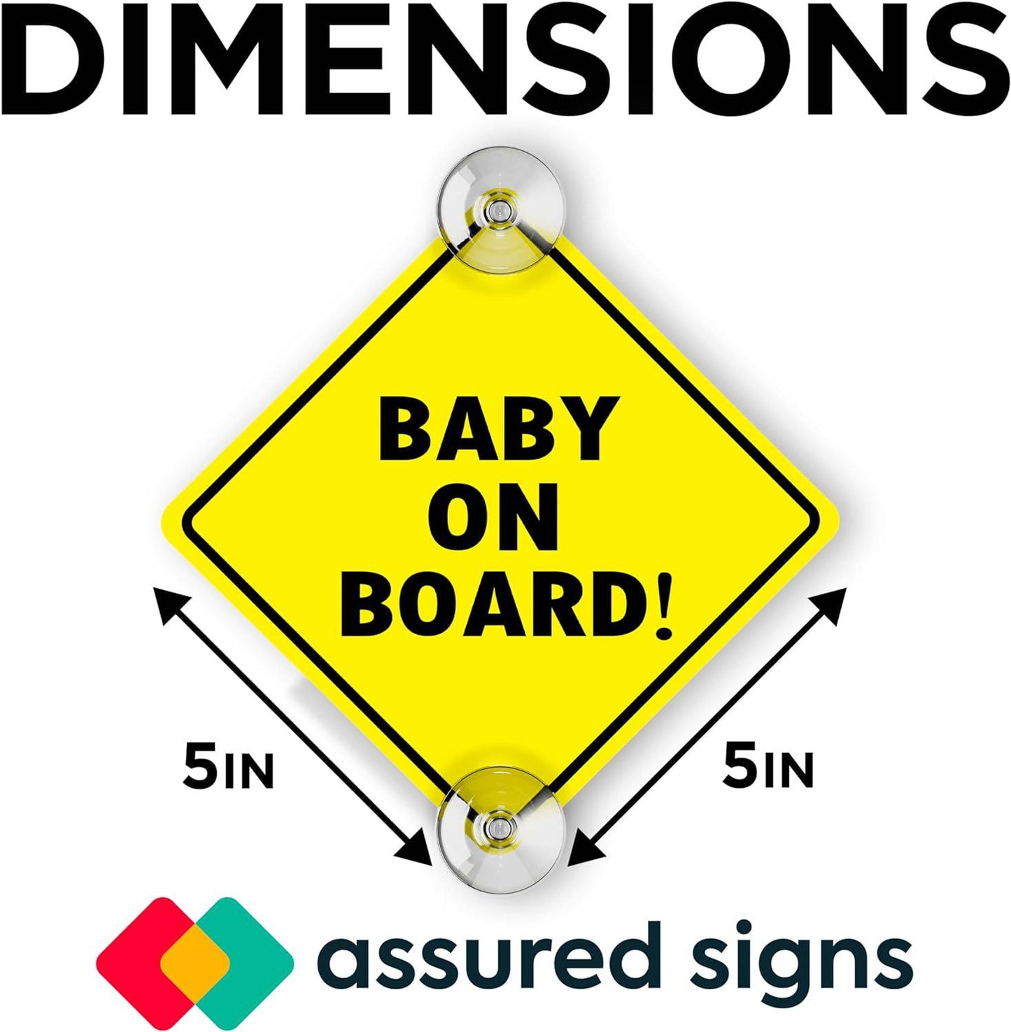 Dimensions of the Baby On Board magnetic sign, showing it is 5 inches by 5 inches in size, perfect for displaying on vehicles.