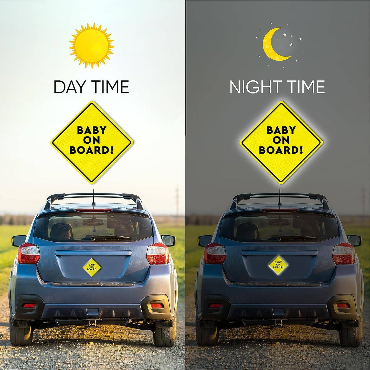 Baby On Board sign displayed on a car during the daytime and nighttime, showcasing its high visibility and reflective qualities