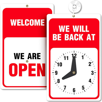 Clear and durable ‘Be Back Soon’ sign with clock for small businesses, featuring bold red and white design and a manual return time clock dial. Perfect for communicating short absences.