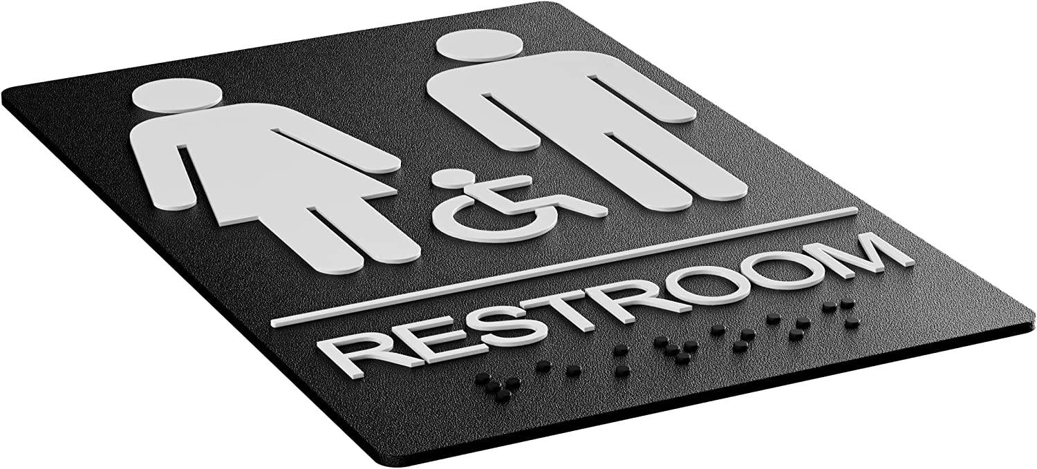 Durable black unisex and handicap restroom sign with raised lettering and Braille