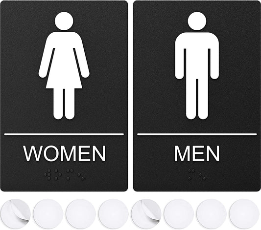 Black restroom signs for men and women with pictograms, perfect for commercial or public bathrooms