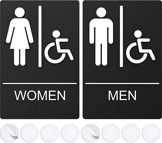 Black restroom signage for men, women, and handicap with pictograms, ideal for public or commercial bathrooms