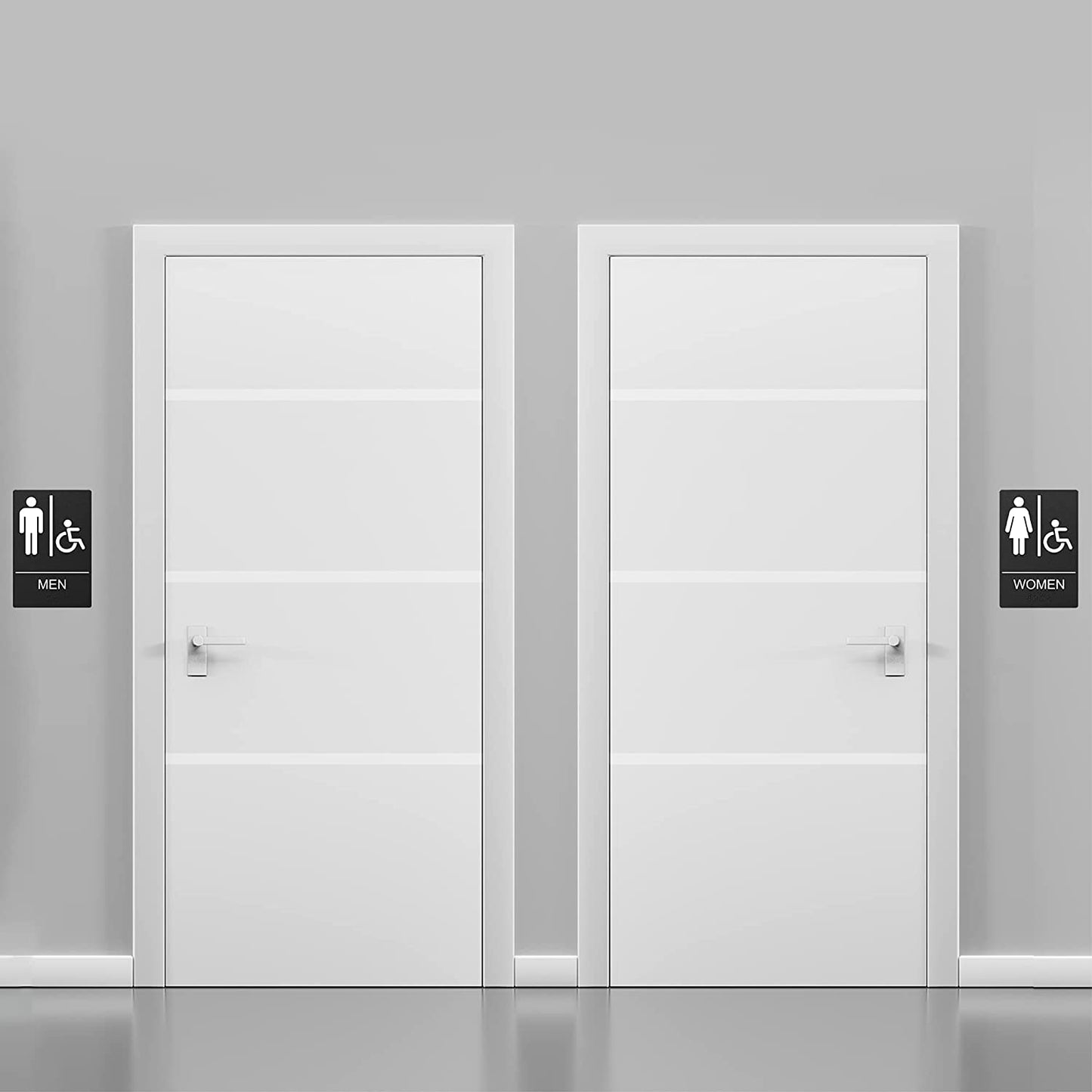 Black restroom signs for men, women, and handicap, installed on doors for public or commercial bathrooms