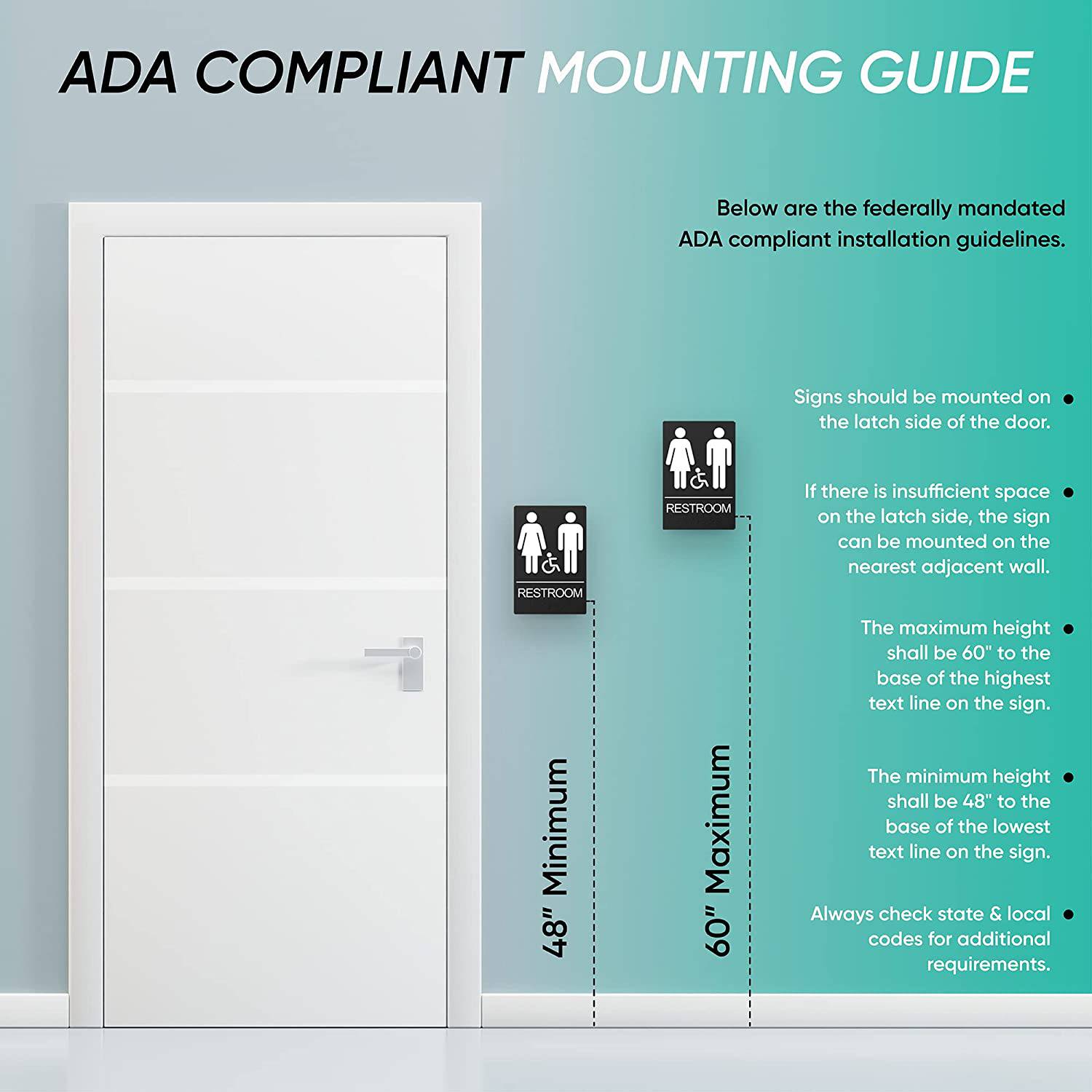 ADA compliant mounting guide for black restroom signs for men, women, and handicapped individuals