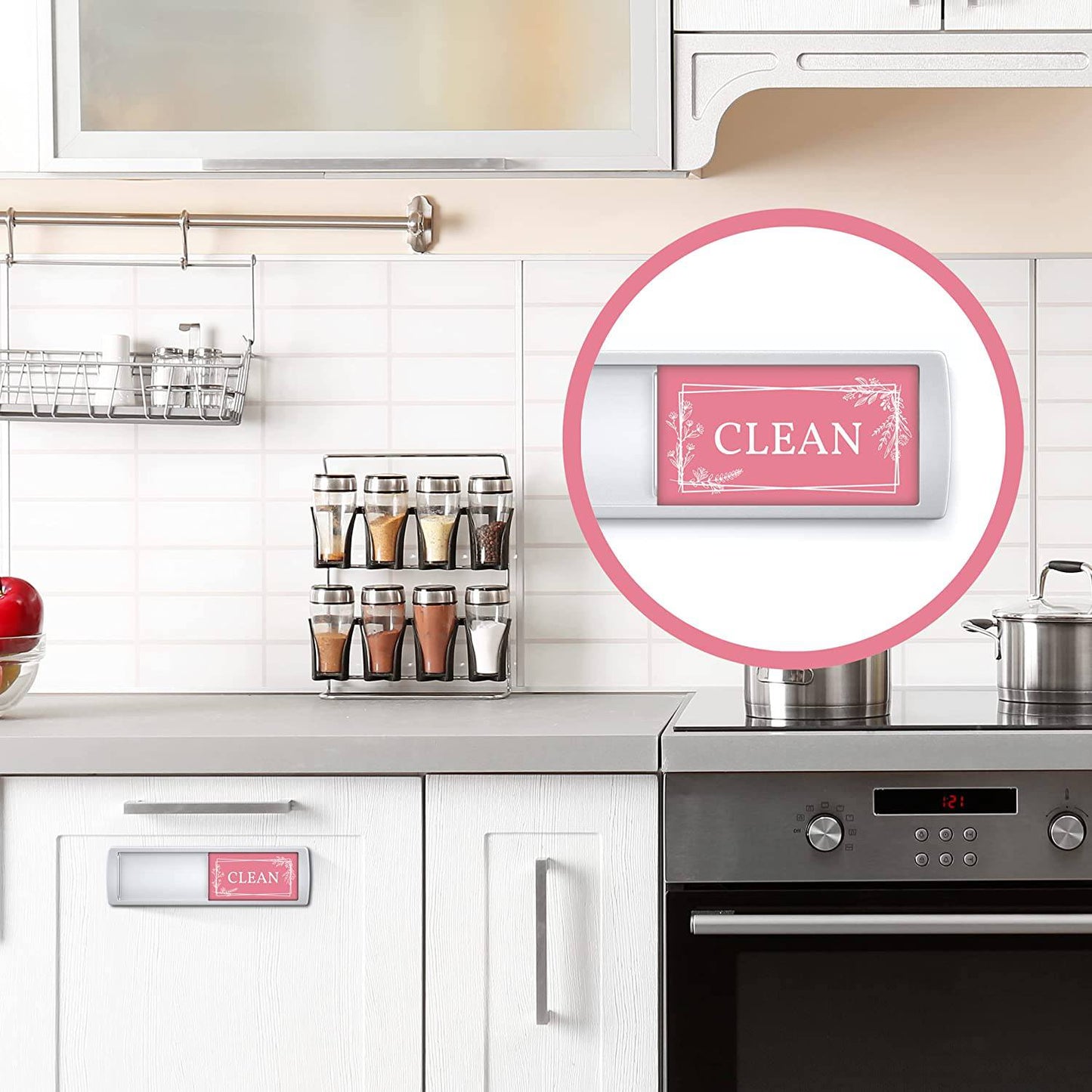 Clean Dirty Dishwasher Magnet in pink and grey placed in a stylish kitchen, perfect for keeping the kitchen organized and efficient