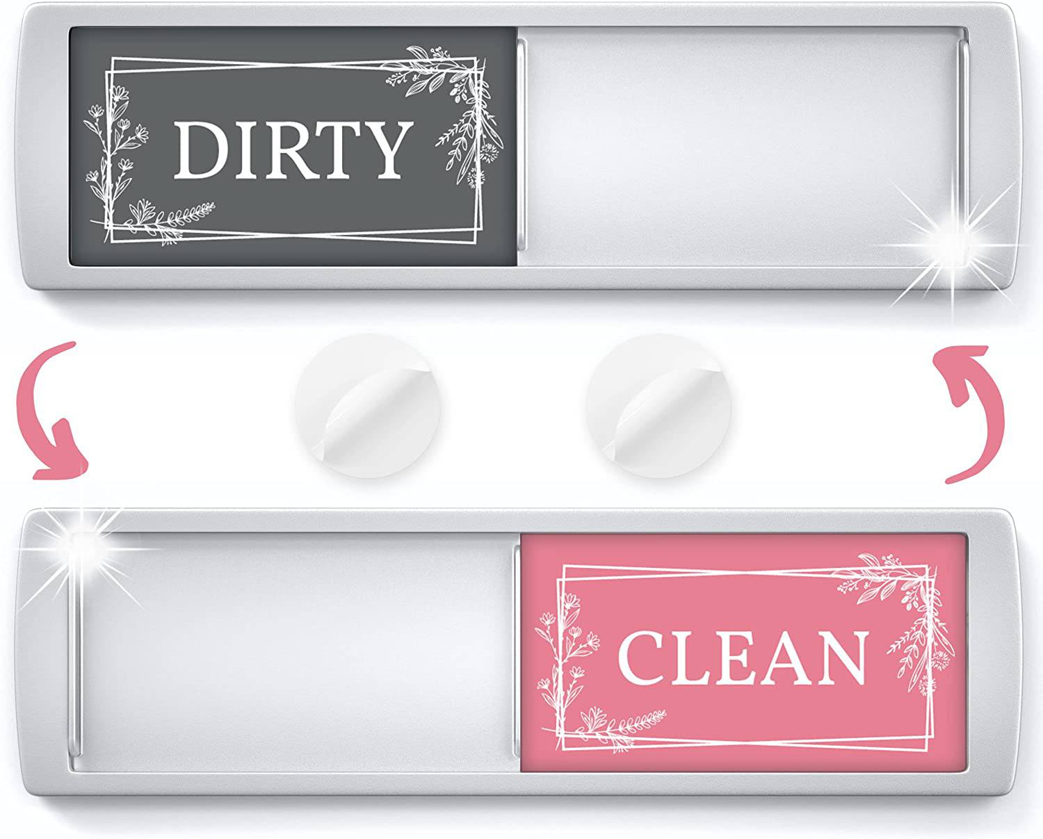 Pink and grey Clean Dirty Dishwasher Magnet with floral design, featuring a slide mechanism to indicate clean or dirty dishes