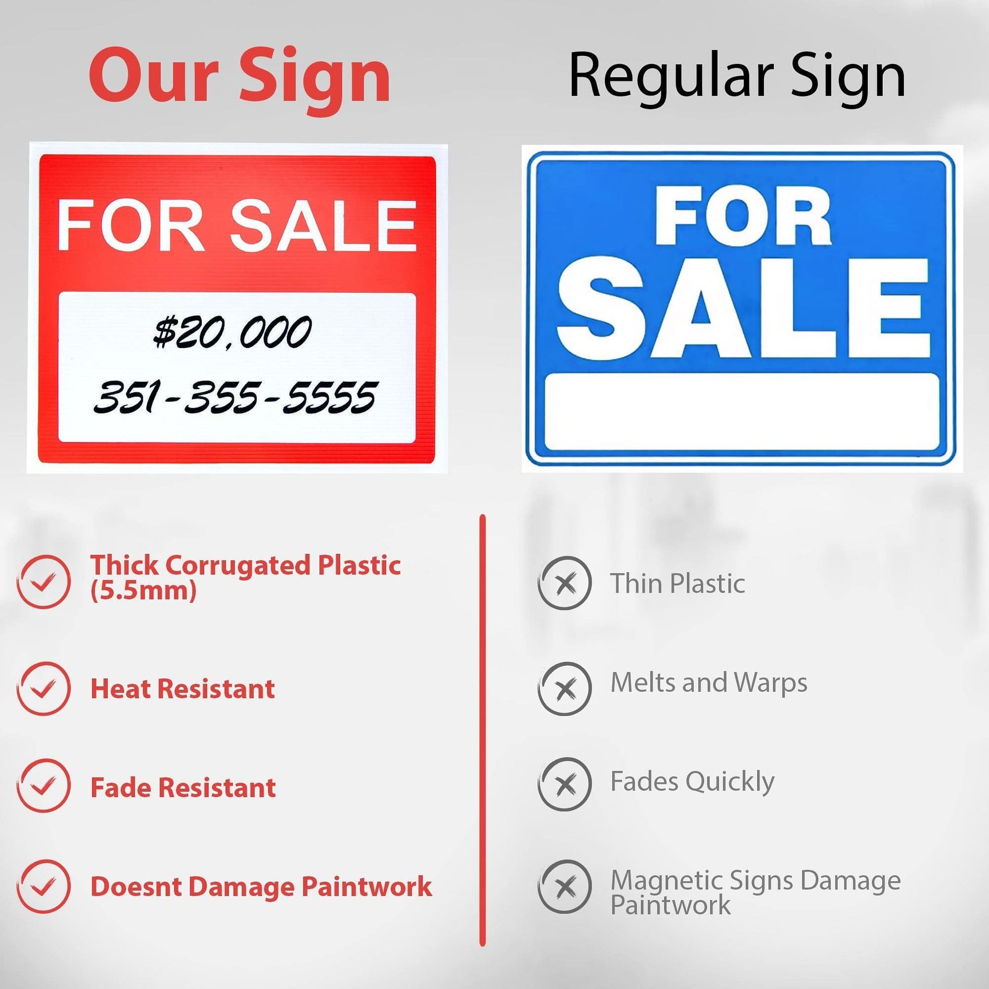 Comparison between a durable weatherproof 'For Sale' sign and a regular sign, highlighting the thicker plastic and better durability.