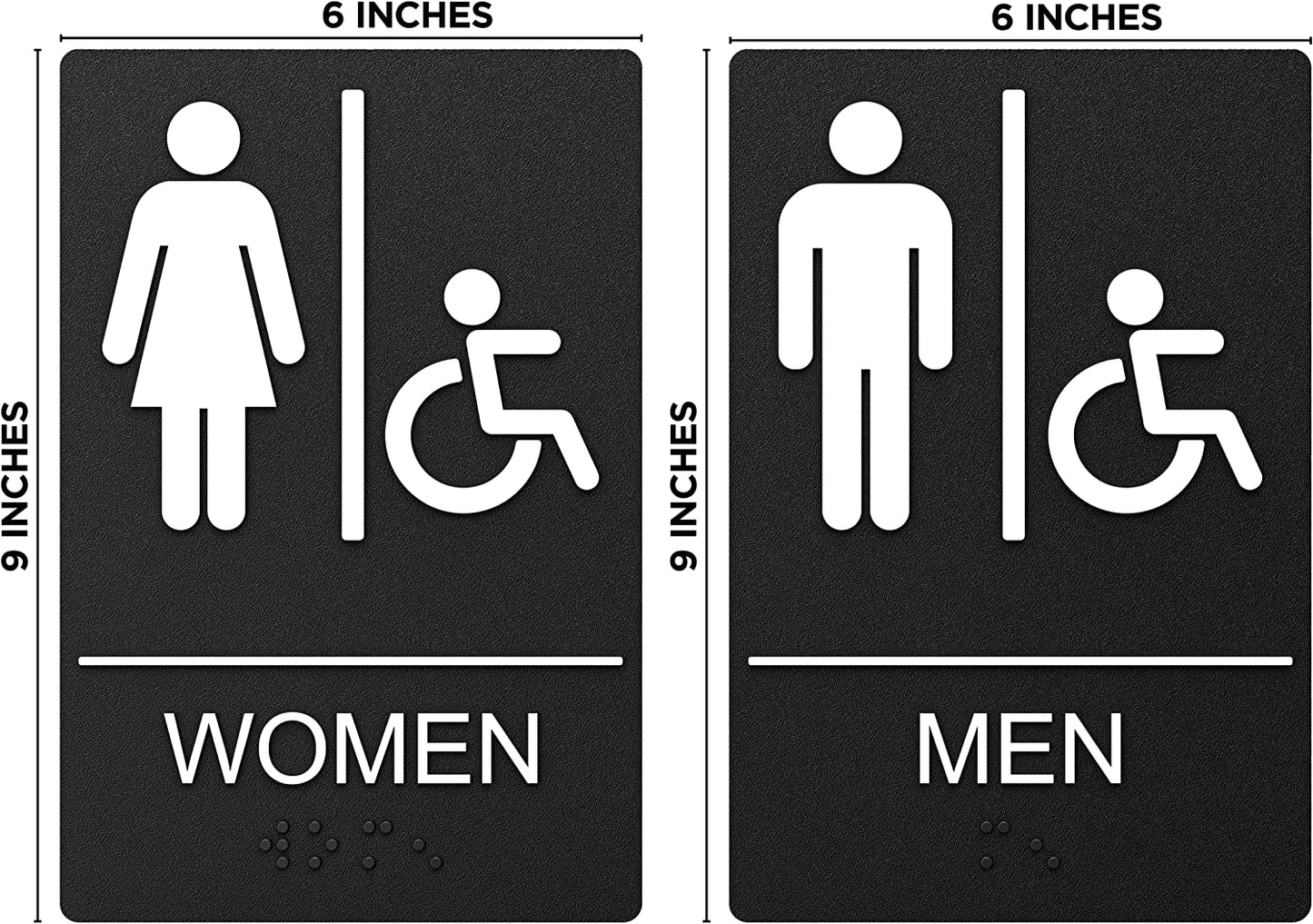 Black men, women, and handicap restroom signage with measurements, ADA compliant and easy to install