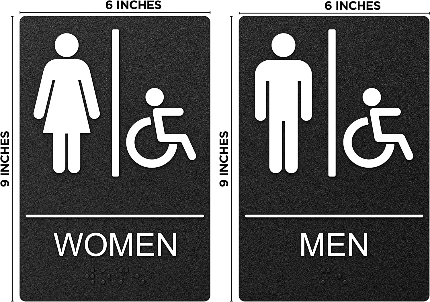 Black men, women, and handicap restroom signage with measurements, ADA compliant and easy to install