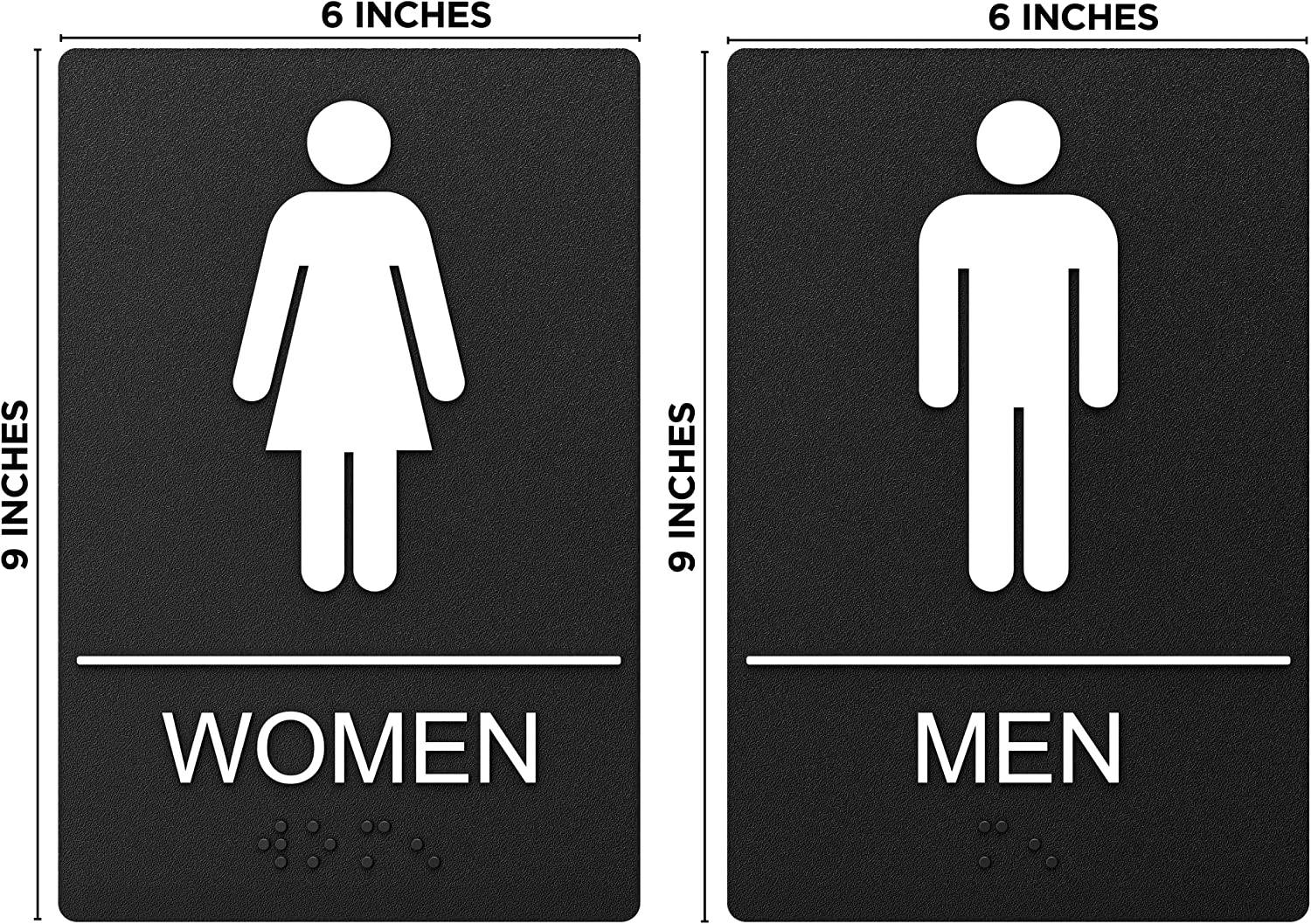 Black men and women restroom signage with measurements, easy to install and ADA compliant