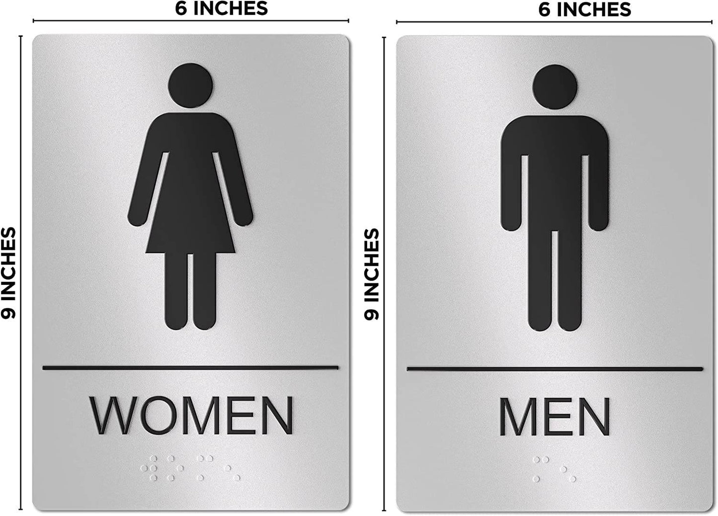 Silver men and women restroom signage with measurements, designed for easy installation and ADA compliance