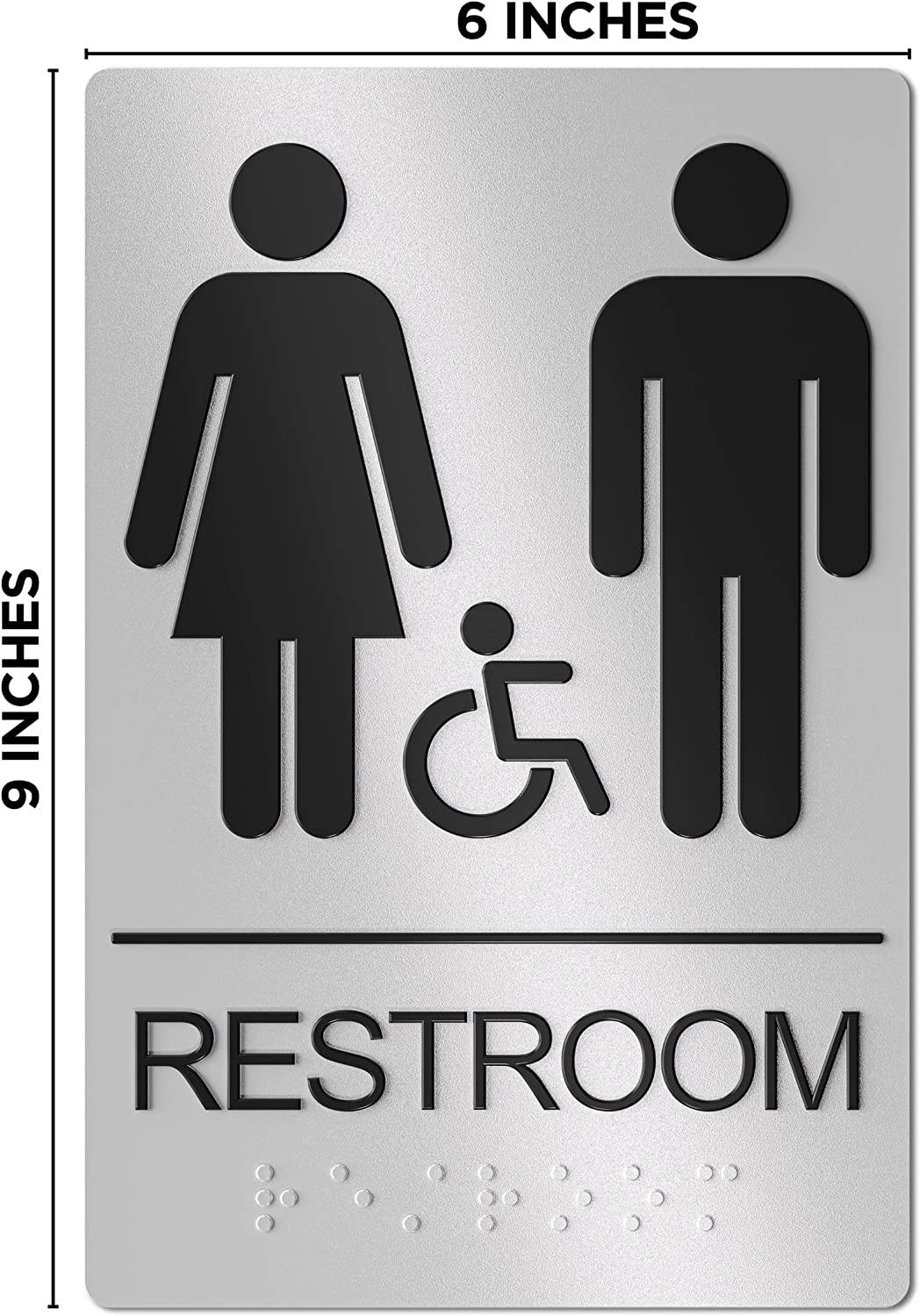 Silver unisex and handicap restroom sign with dimensions, easy to install and ADA compliant