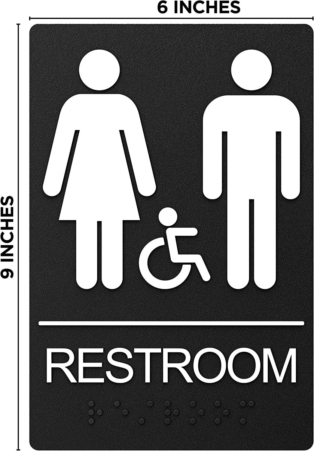 Black unisex and handicap restroom sign with dimensions, easy to install and ADA compliant