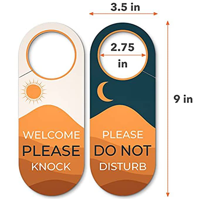 Dimensions of the ‘Please Knock’ and ‘Do Not Disturb’ door hanger sign, measuring 9 inches by 3.5 inches, with a 2.75-inch circular cutout for easy fitting on any door knob