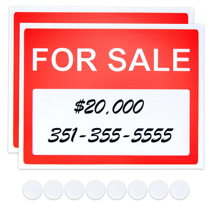 Durable weatherproof 'For Sale' signs for cars and yard sales in a convenient 2-pack with adhesive patches for easy mounting.