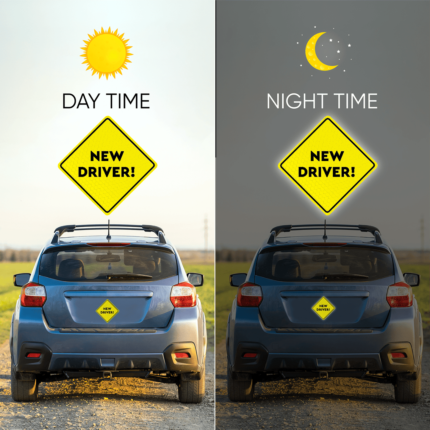 Day and night view of the new driver magnet sign on a vehicle, illustrating its reflective properties for increased safety and visibility in different light conditions