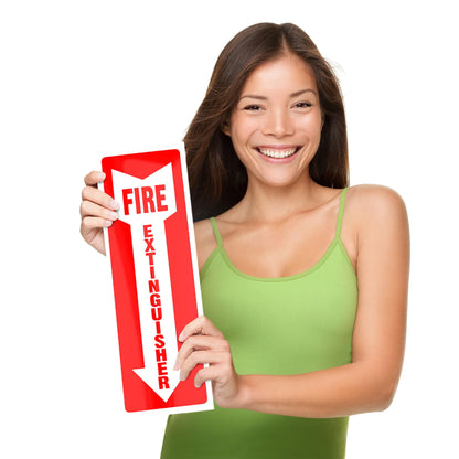  Woman holding a fire extinguisher sign with a clear arrow pointing downwards, showing how to use the fire extinguisher location sign for optimal visibility