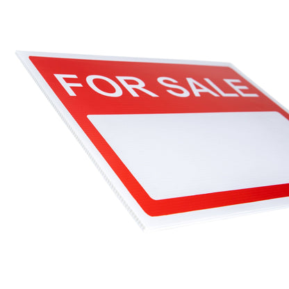 Side view of a durable 'For Sale' sign made from corrugated plastic, showing its weatherproof design.