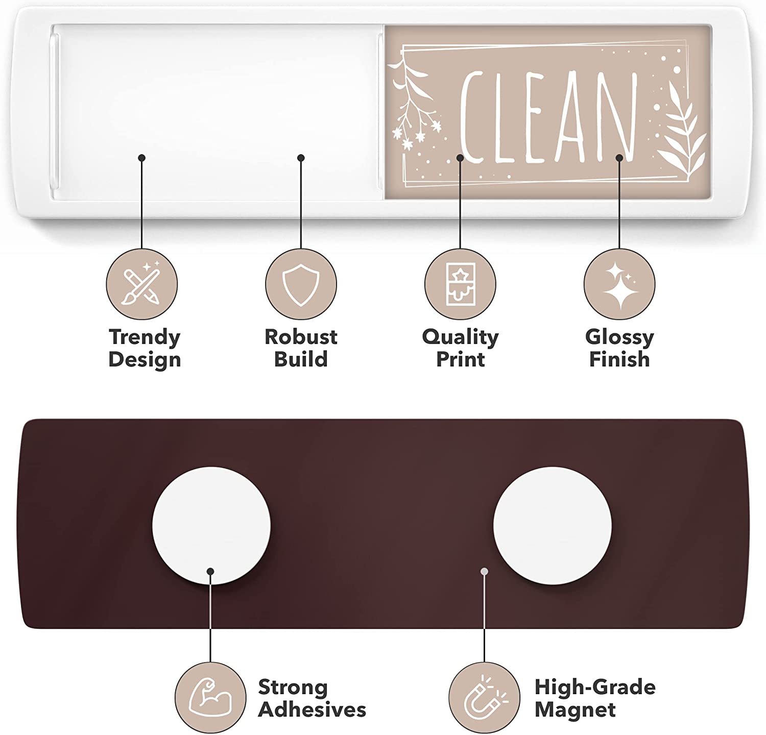 Features of the Clean Dirty Dishwasher Magnet with focus on trendy design, robust build, quality print, glossy finish, strong adhesives, and high-grade magnet