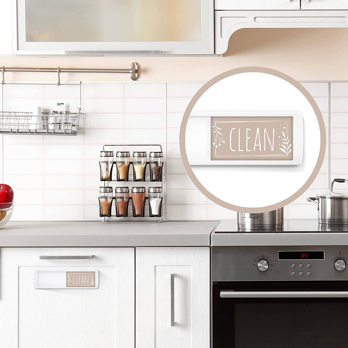 Clean Dirty Dishwasher Magnet in a modern kitchen setting, highlighting its decorative touch with the 'Clean' side visible