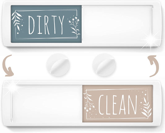 Clean Dirty Dishwasher Magnet showing both sides, with Green 'Dirty' side and Brown 'Clean' side, demonstrating the sliding mechanism