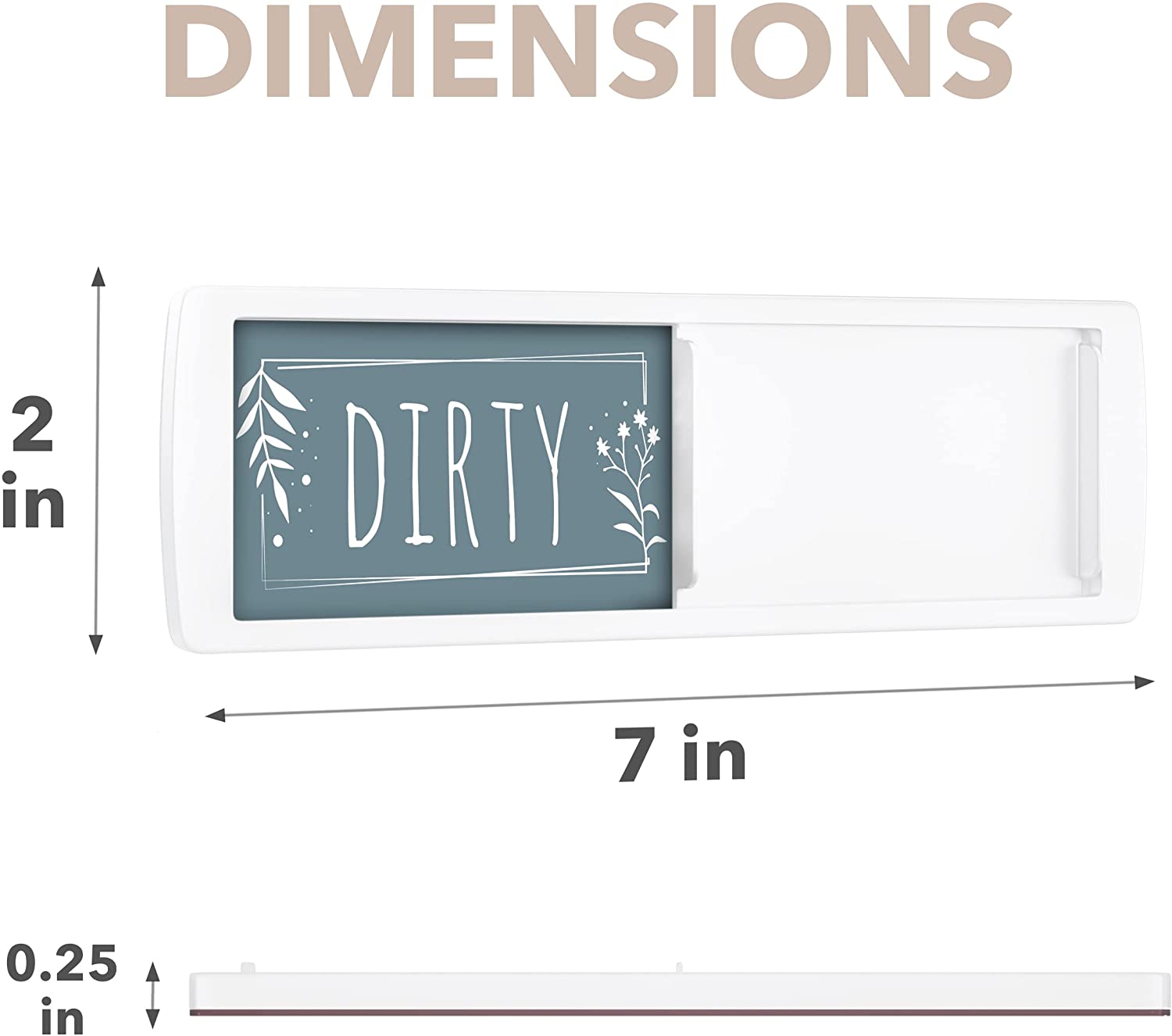 Dimensions of the Clean Dirty Dishwasher Magnet showing 7 inches by 2 inches, Green 'Dirty' side visible