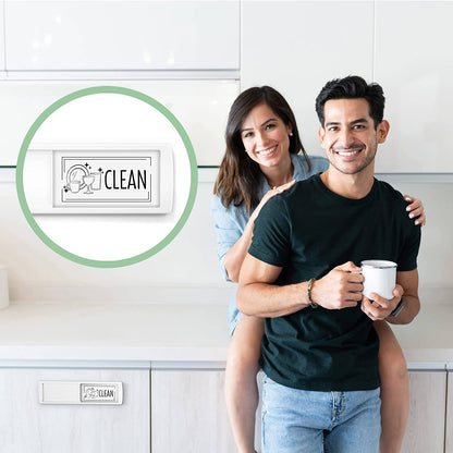 A couple in the kitchen with a Clean Dirty Dishwasher Magnet Sign in the foreground, perfect for keeping the kitchen organized. Compatible with all dishwashers