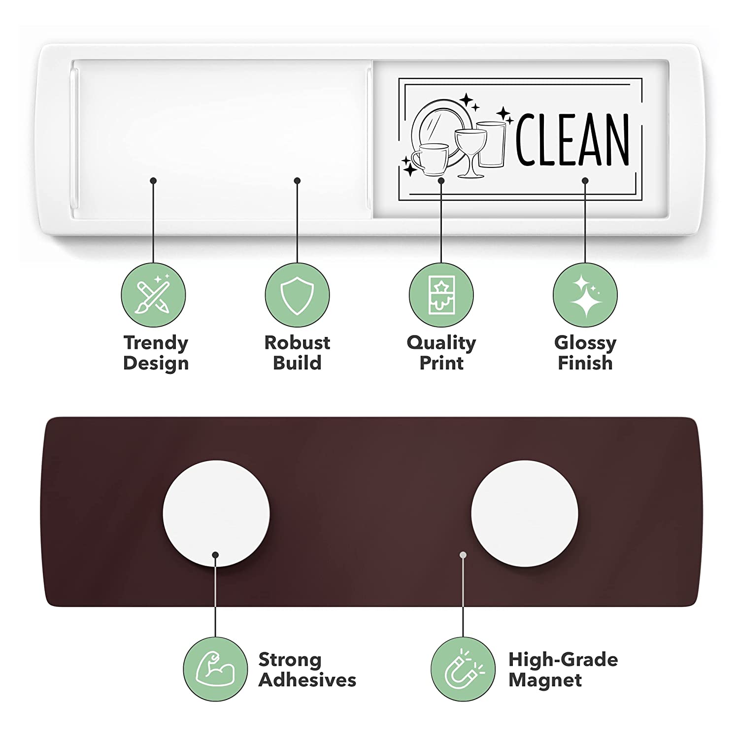 Front and backside view of Clean Dirty Dishwasher Magnet Sign showing strong adhesive and magnet, ensuring it stays securely attached to all dishwasher surfaces