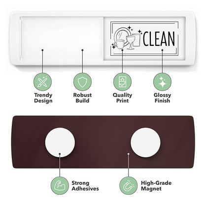 Front and backside view of Clean Dirty Dishwasher Magnet Sign showing strong adhesive and magnet, ensuring it stays securely attached to all dishwasher surfaces