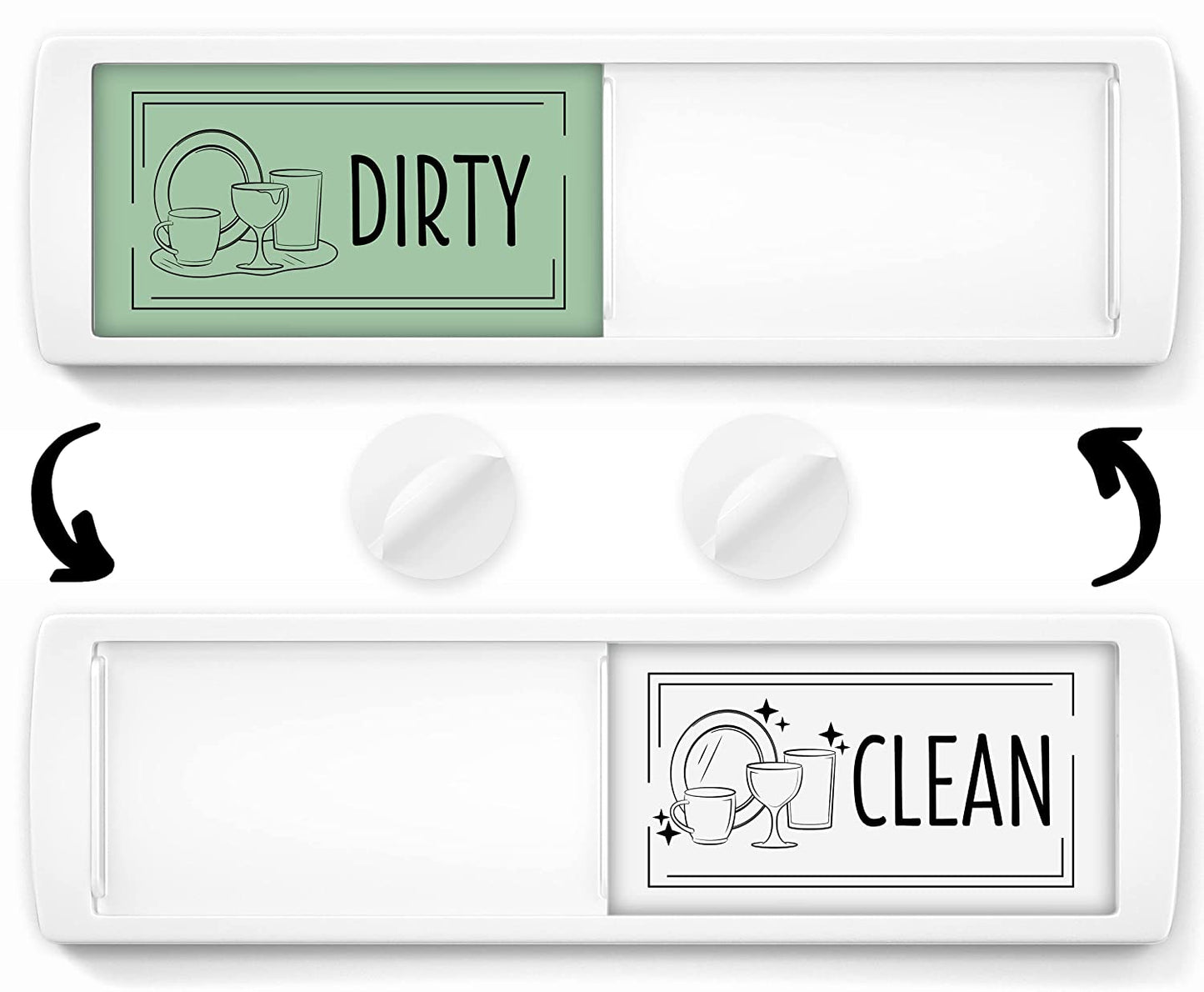 Front view of the Clean Dirty Dishwasher Magnet Sign with green and white sides indicating dirty and clean dishes, easily adjustable with a slider