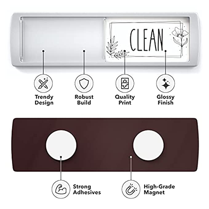 Front and backside of Clean Dirty Dishwasher Magnet with strong adhesive and magnet, ensuring secure attachment to all dishwasher types