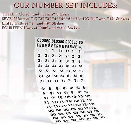 A sheet of number (time) stickers and ‘closed’ stickers for use in customizing the business hours sign with your specific hours of operation. The image also notes that the sign kit includes three ‘closed’ and ‘ferme’ stickers, seven stickers each of the numbers 1-12, eight stickers each of the numbers 8 and 9, and fourteen stickers that say ‘00’ and fourteen that say ‘30’. 