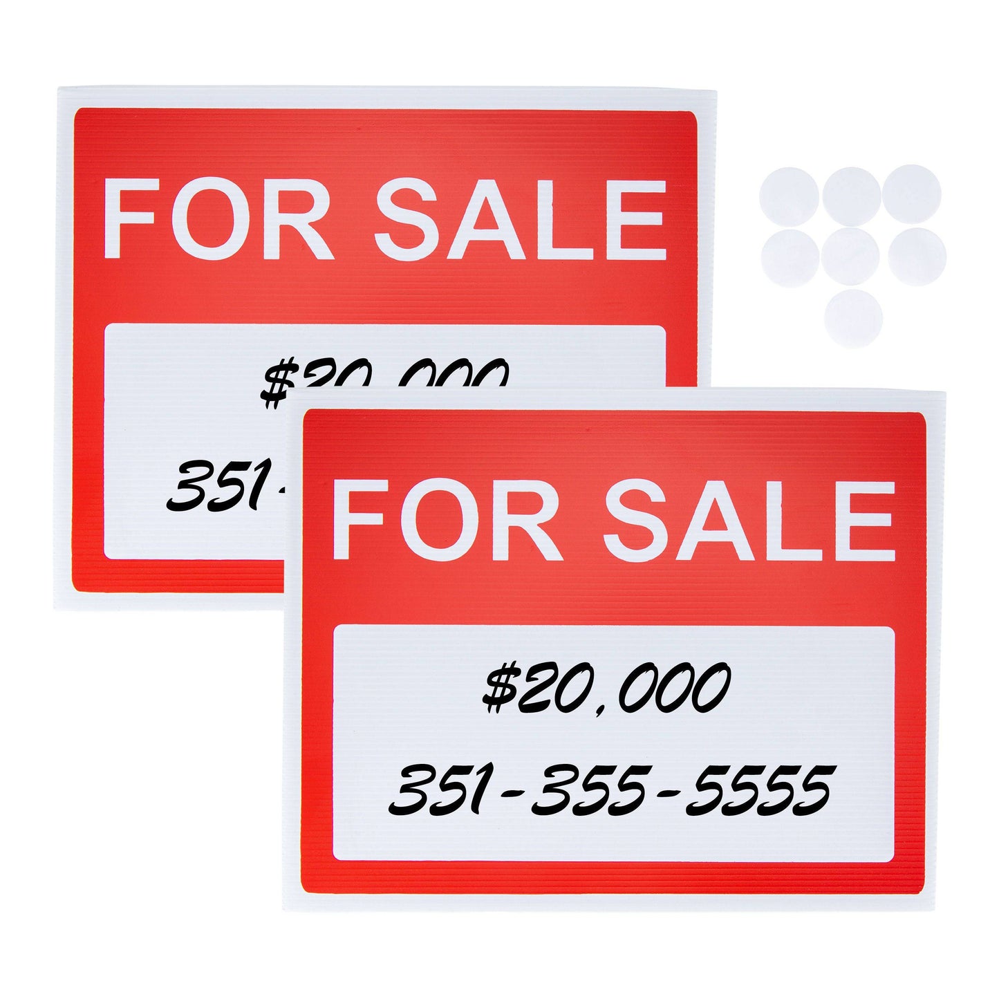 Large 'For Sale' signs in a 2-pack, with customizable space for pricing and contact details, perfect for car sales and yard sales.