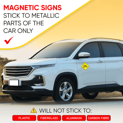 Instructions on applying the new driver magnetic sign, emphasizing that it only sticks to metallic car parts and will not adhere to plastic, fiberglass, or aluminum