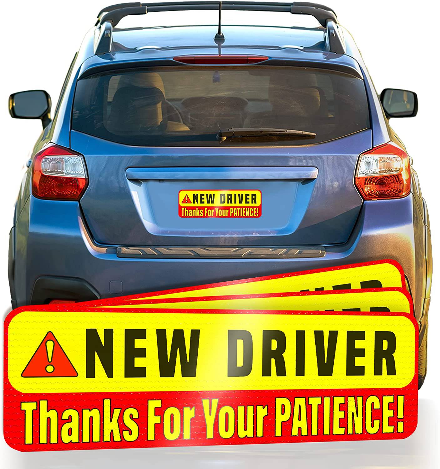 New driver car magnet sign displayed on the back of an SUV, highlighting the message 'Thanks for Your Patience' to promote awareness and safety on the road
