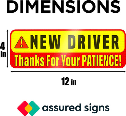 Close-up of the new driver magnet sign, displaying 'Thanks for Your Patience' with a bold and reflective yellow and red design for maximum visibility.