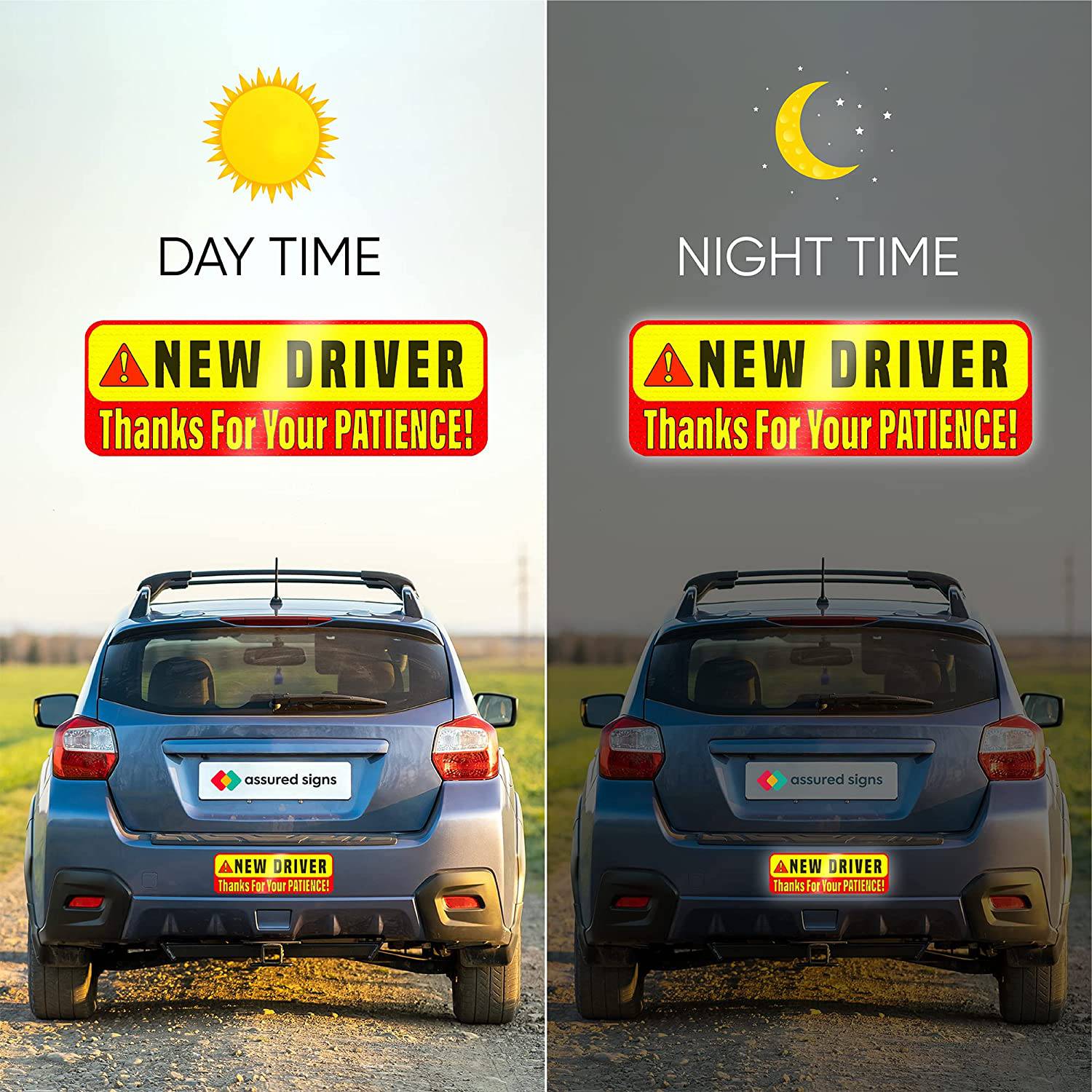 Day and night view of the new driver magnet sign on a vehicle, showing its reflective properties for increased visibility and road safety at all times