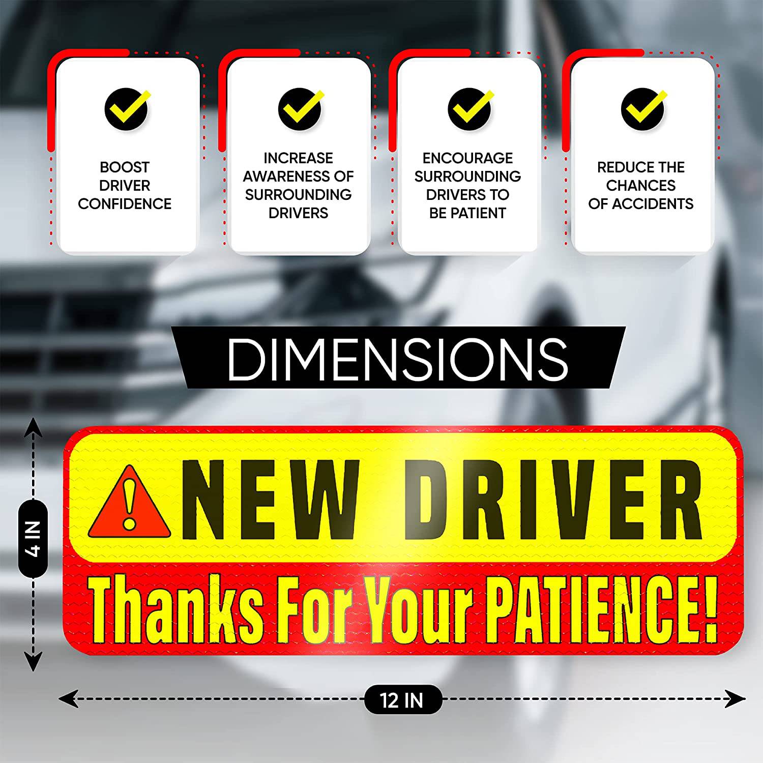 Dimensions of the new driver car magnet sign, showing a 12-inch by 4-inch size with reflective yellow and red colours, ensuring visibility during the day and night