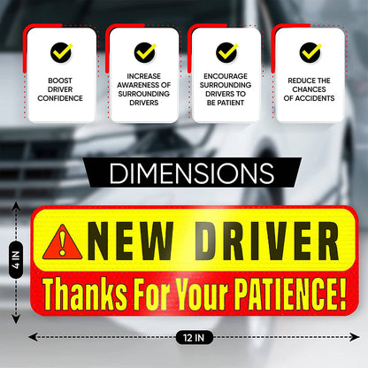 Dimensions of the new driver car magnet sign, showing a 12-inch by 4-inch size with reflective yellow and red colours, ensuring visibility during the day and night