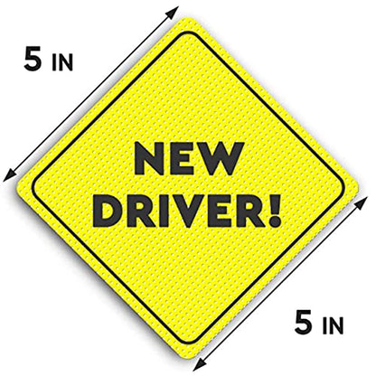 New Driver" sticker measuring 5 inches on each side, perfect for rear and side car windows to alert surrounding drivers