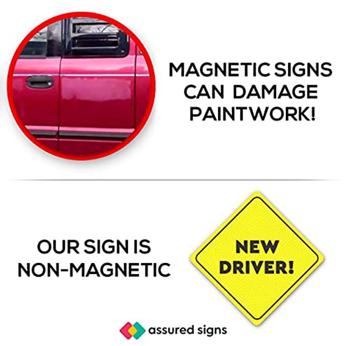 Illustration showing how magnetic signs can damage paintwork, while the Assured Signs "New Driver" sticker is non-magnetic and paint-safe