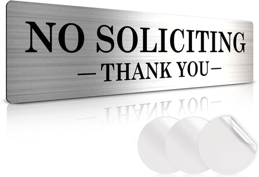 no soliciting sign in brushed silver finish with adhesive strips for secure installation 